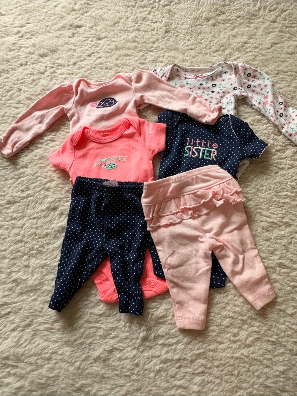 *TWINS* Carter's Coral Pink Turtle Bodysuit with Navy Polka Dot Trim